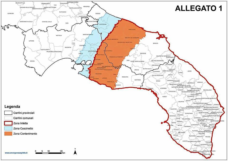 Demarcated areas for Xylella fastidiosa in Apulia Region on May 24, 2016