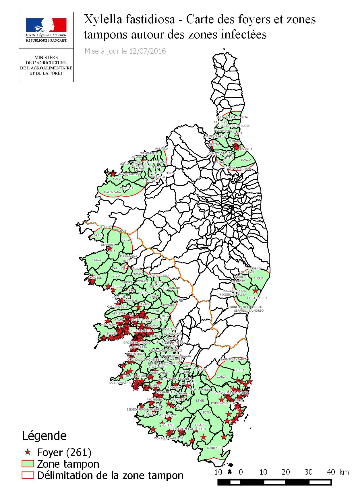 Map of Xf outbreaks and demarcated areas in Corsica on July 12, 2016